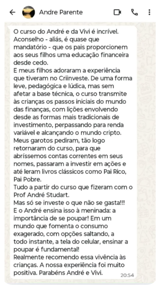 Depoimento de Andre Parente sobre a experiência dos filhos com o curso