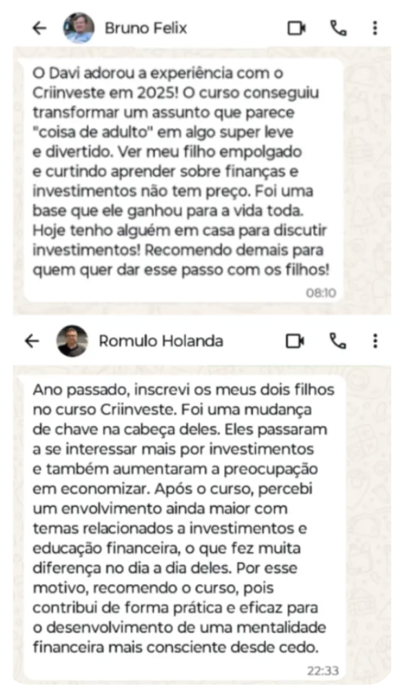 Depoimentos de Bruno Felix e Romulo Holanda sobre a experiência dos filhos no curso