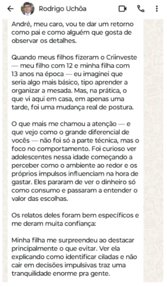 Depoimento de Rodrigo Uchôa sobre a mudança de postura dos filhos após o curso