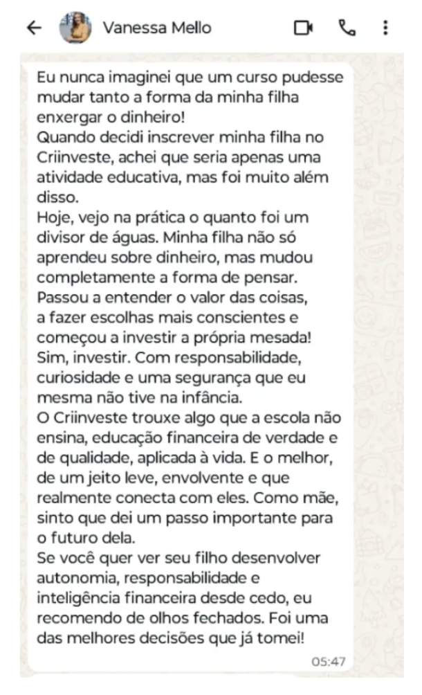 Depoimento de Vanessa Mello sobre a mudança na forma como a filha enxerga o dinheiro
